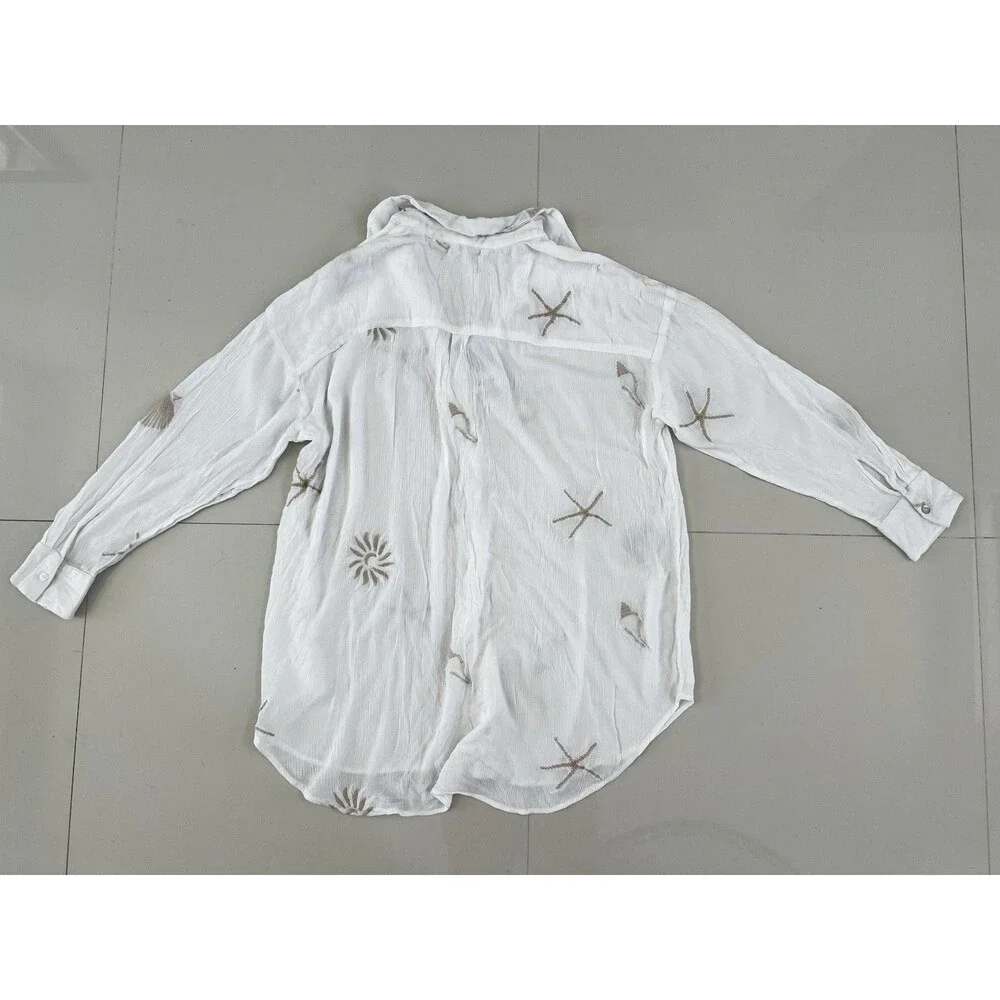 Beach Swimsuit Cover Up Button Down Shirt Embroidered Shell Boho Vacation NEW L